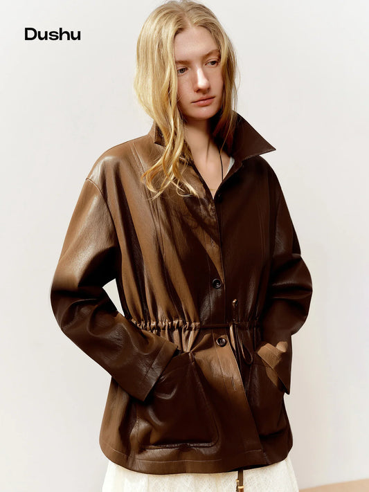 DUSHU 2026 Spring Women's Drawstring Waist Oversized Leather Jacket - Flattering Fit Cropped Motorcycle Style PU Coat for Casual LadyShow.Store