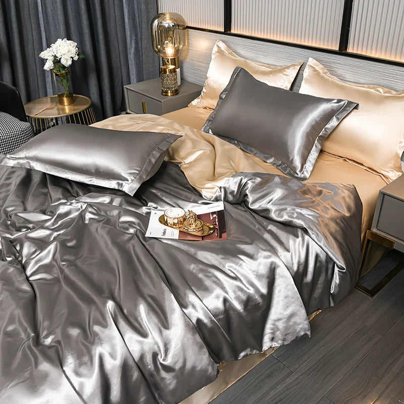 A/B Double-Sided Color Bedding Set Silky Satin Duvet Cover Bed Sheet Pillowcase Luxury Bedsheet King Queen Double Twin Size LadyShow.Store