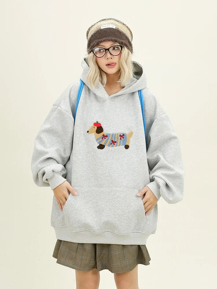 Women Sweatshirt Streetwear Couples Tops Casual Loose Hoodie Autumn Winter Cartoon Dog Embroidery Hooded Pullover LadyShow.Store