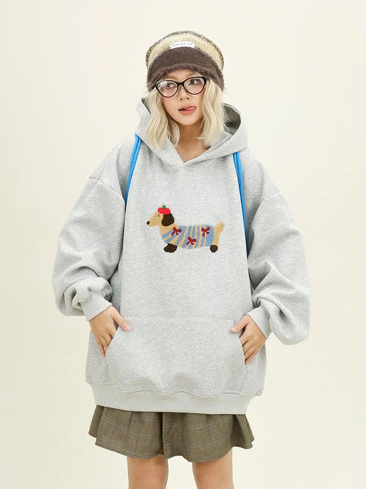 Women Sweatshirt Streetwear Couples Tops Casual Loose Hoodie Autumn Winter Cartoon Dog Embroidery Hooded Pullover LadyShow.Store