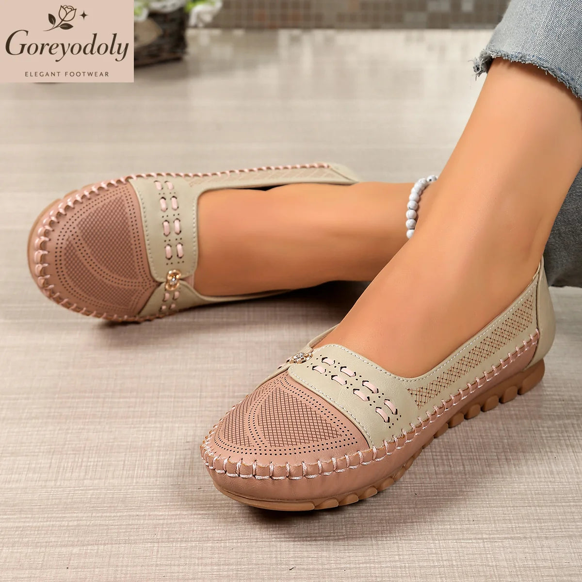 goreyodoly Women Slip On Loafers Wide Fit Comfortable Flats Lightweight Breathable Colorblock Shoes Chain Detail Durable Rubber Pi-Mart