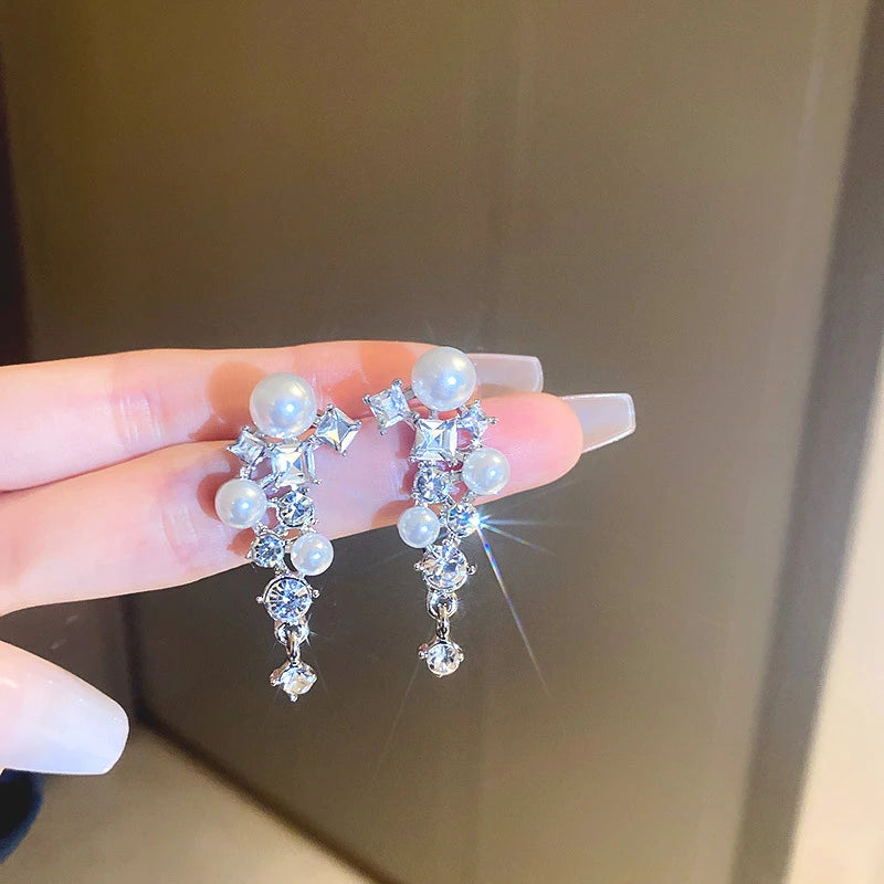 Shiny Crystal Zircon Long Stud Earrings for Women Geometric Hanging Drop Tassel Earring Fashion Party Vintage Pendant Jewelry Pi-Mart