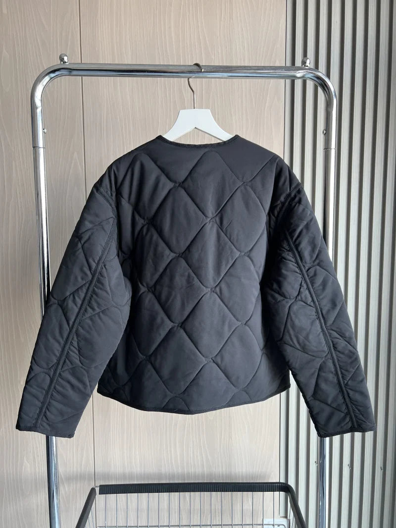 ETJ 2025  Spring new women's vintage crewneck quilted cotton-padded loose version of quilted casual jacket LadyShow.Store