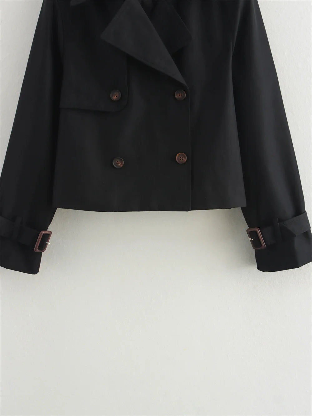 Ladies Vintage Cropped Trench Spring Autumn Jacket Women Streetwear Double Breasted Long Sleeve Top Female Chic Coat Outfits Pi-Mart