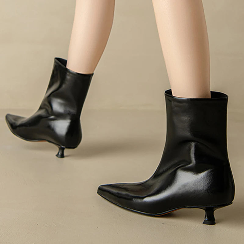 JOZHAMTA Size 34-43 Women Real Leather Ankle Boots Fashion Mid Heels Shoes For Winter Boots Pointy Office Lady Daily Dress Shoes Pi-Mart