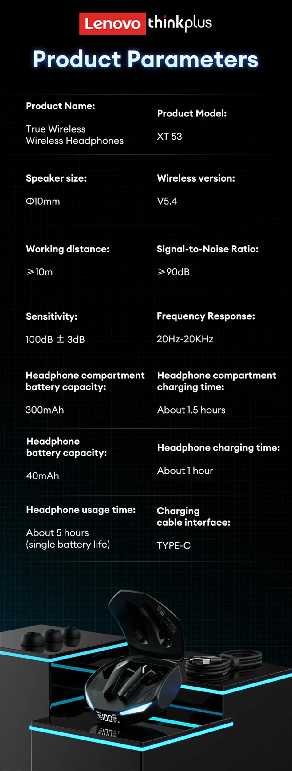 Lenovo XT53 Gaming Headset LED Digital Display Wireless Sport Earbuds HD Call Low Latency Headphones Waterproof GM2 Pro Upgraded Pi-Mart