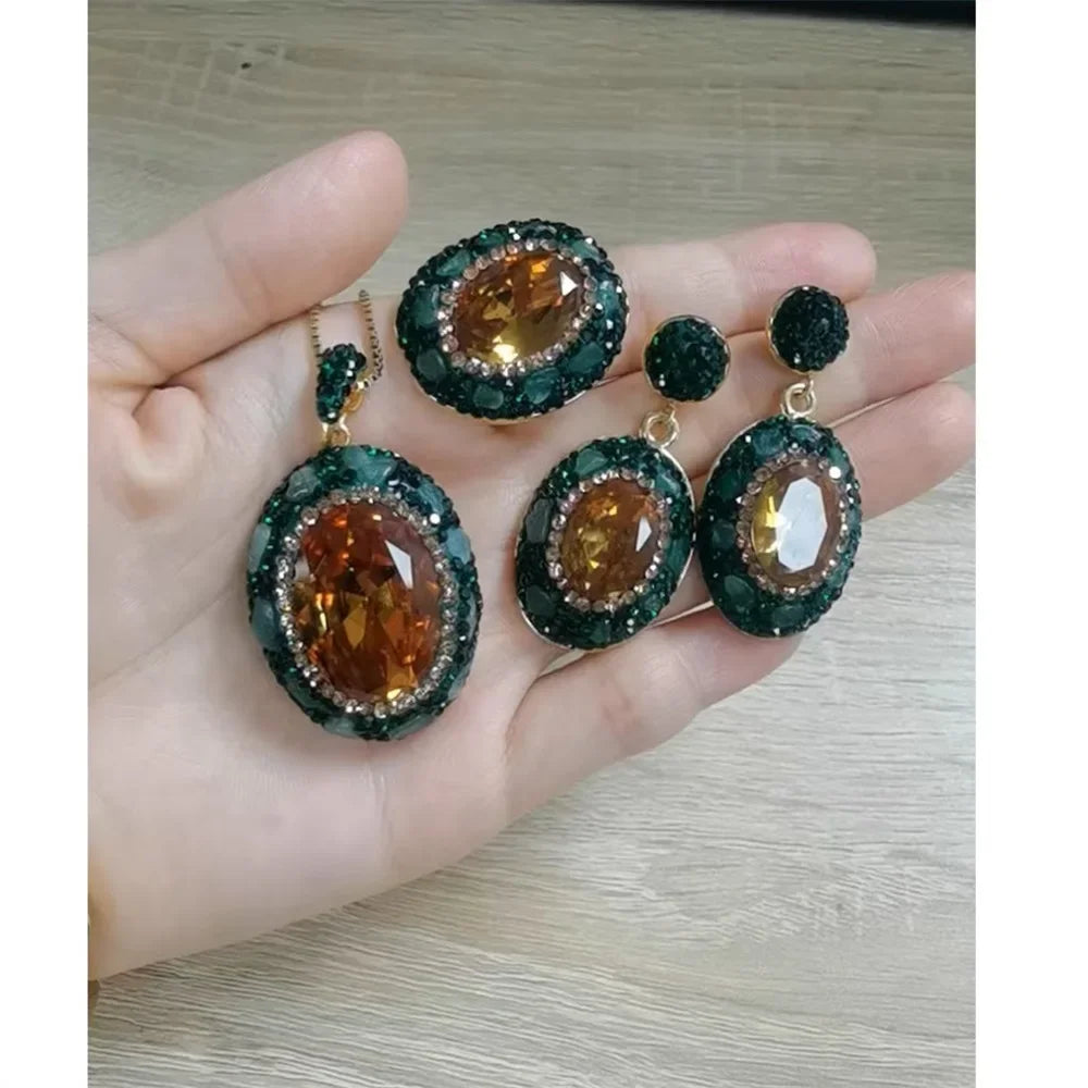 Round Colored Change Sultanite Crystal Bangle Rings Sets for Women Necklace Earring Rings Golden Green Zultanite Quartz Jewelry Pi-Mart
