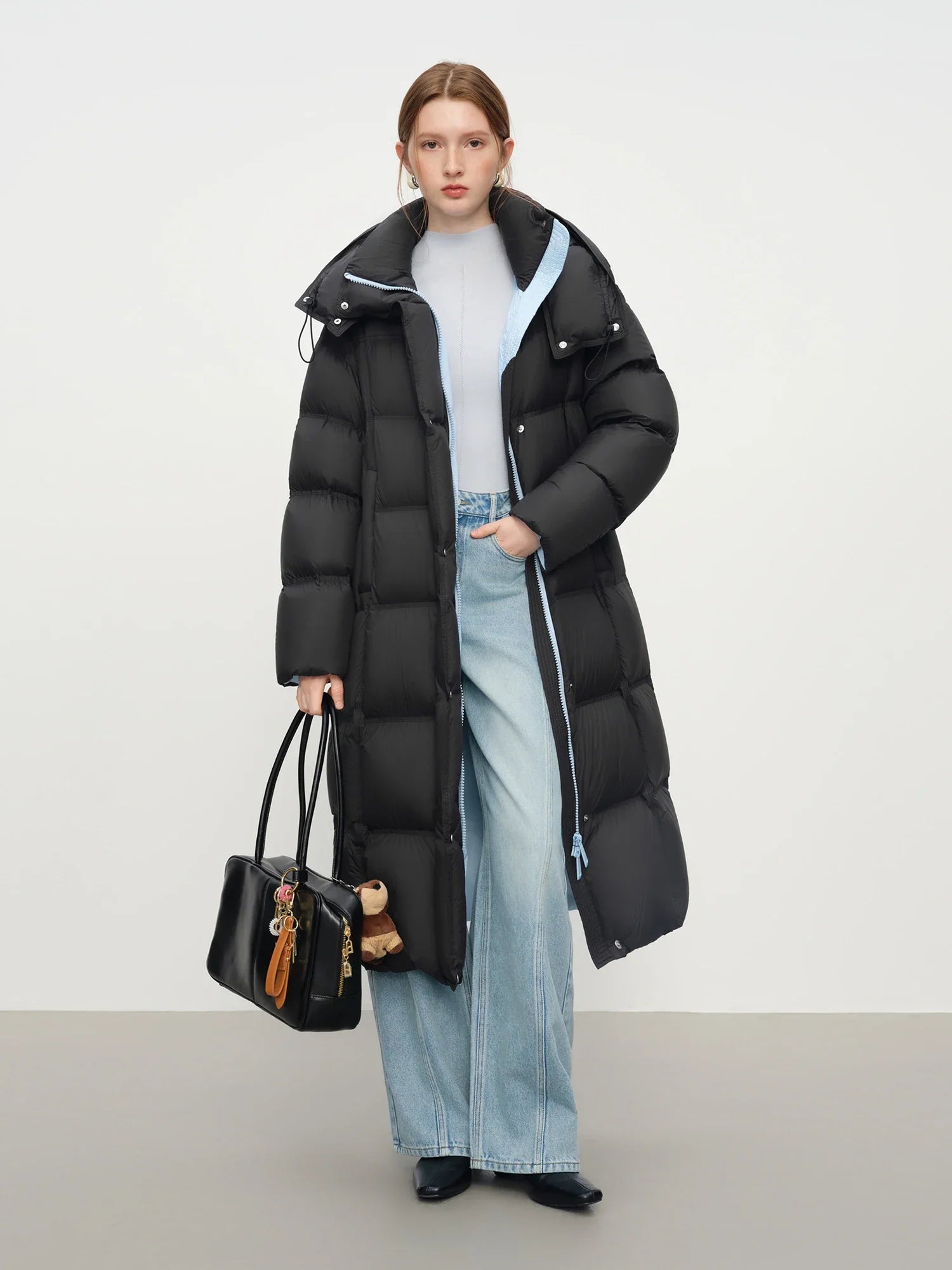 FSLE 2025 Winter New Women's Long Puffer Down Coat with Hood Two-Tone Color Block Thermal Insulated Jacket Heavy Warm Outerwear LadyShow.Store