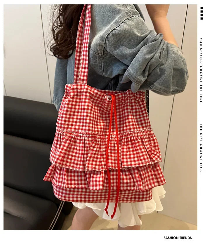 Large Capaci Cute Plaid Cotton Tote Bag  Lace Trim Women's Summer 2025 Simple Lady Handbag Soft Shoulder Bags Bolsa Feminina Pi-Mart