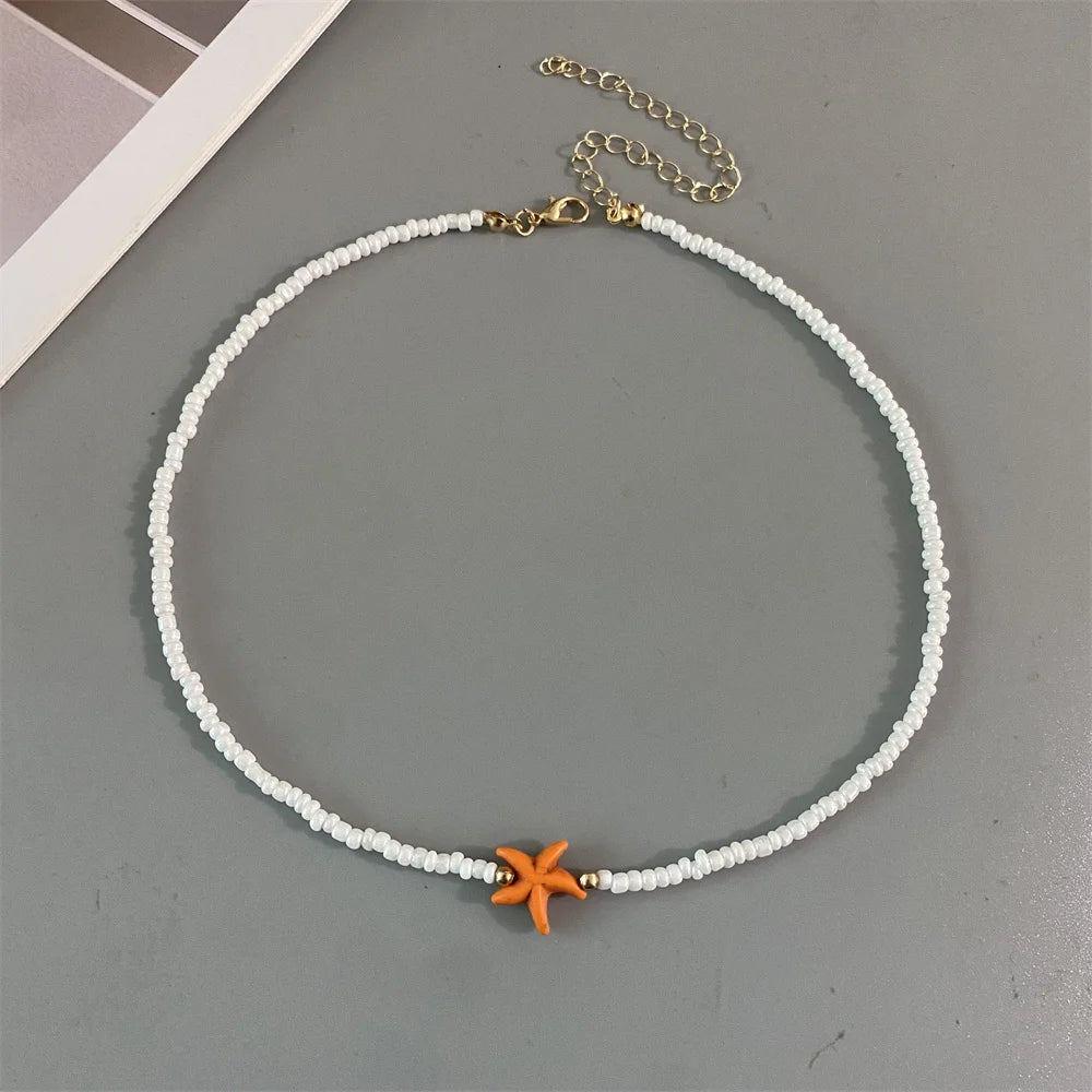 Shell Starfish Woman Short Necklace Summer Holiday Gift Handmade Choker  Seed Beads Neck Jewelry White Pi-Mart