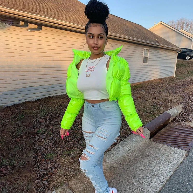 Fashion Cute Women Bright PU Pink Puffer Jacket Winter Warm Bubble Coats Shiny Leather Parkas Down Zipper Cropped Jackets Parkas LadyShow.Store