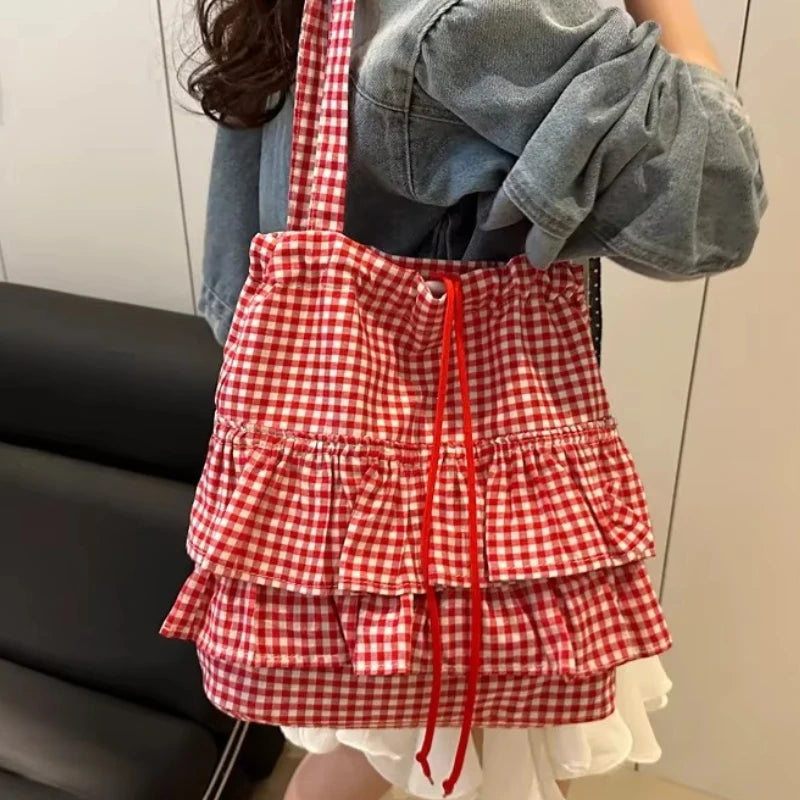 Large Capaci Cute Plaid Cotton Tote Bag  Lace Trim Women's Summer 2025 Simple Lady Handbag Soft Shoulder Bags Bolsa Feminina Pi-Mart