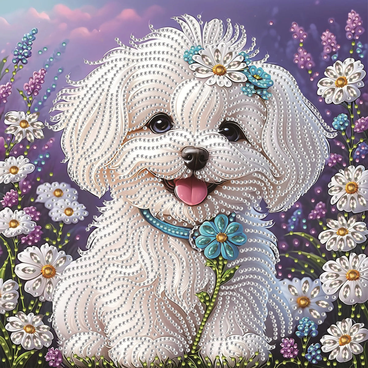 A set of "White Puppy Wearing Flowers" 5D Diamond Painting Kit, DIY handmade craft, partially adorned with irregular diamonds Pi-Mart