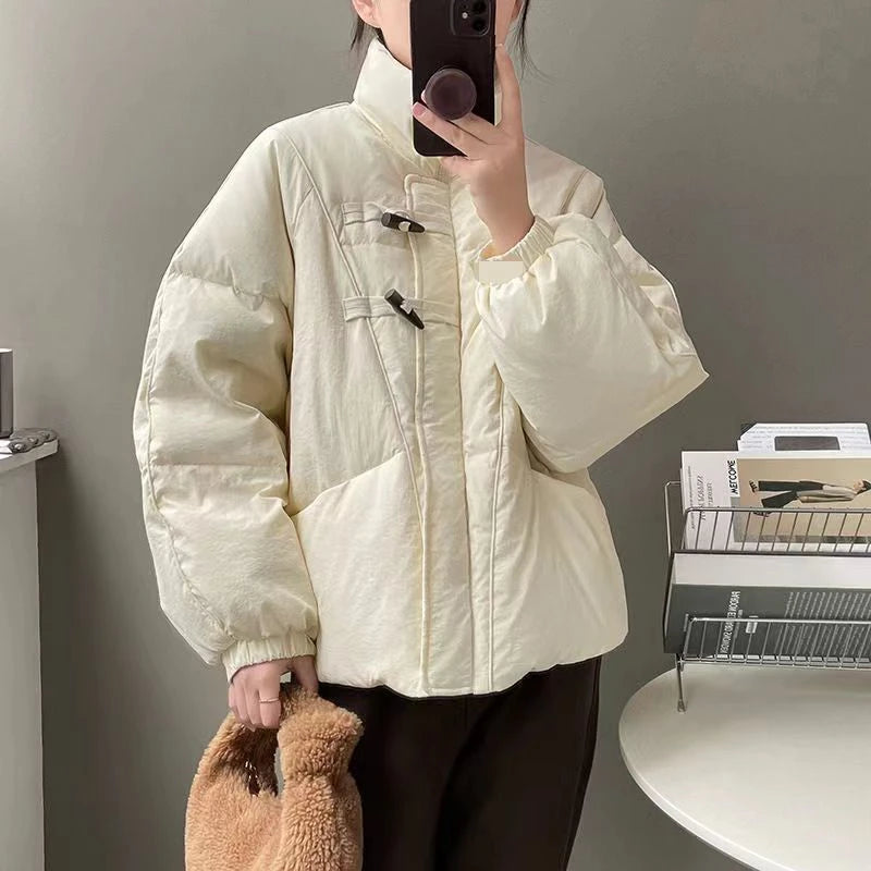 Women's Jacket New Korean Version Stand Collar Short Cotton-padded Jacket Thickening Warm Parkas Winter Vintage Coat Pi-Mart