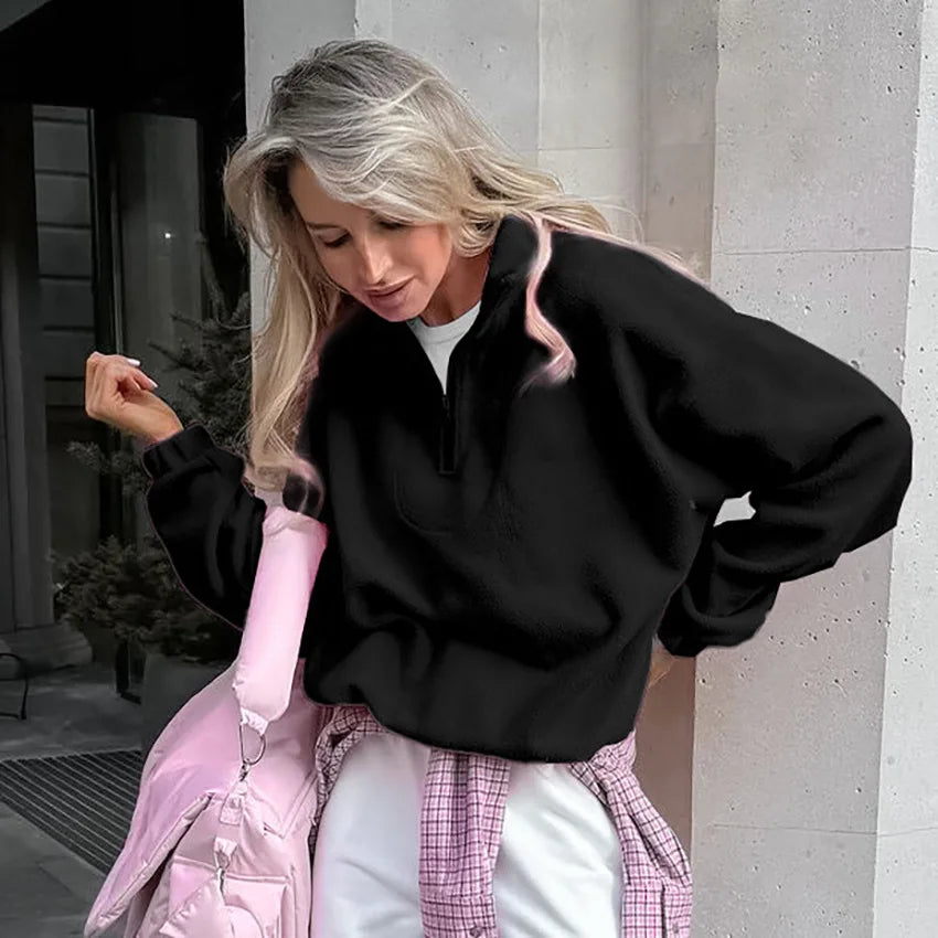 Women Autumn Winter Fleece Hoodies Elegant Stand Collar Zipper Loose Sweatshirt Elegant Solid Pullover Casual Top Streetwear LadyShow.Store