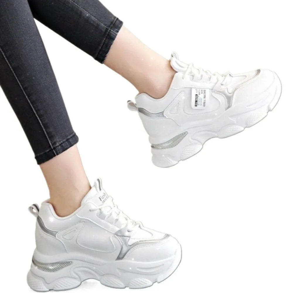Women's Thick Soled Lightweight Sports Shoes Spring and Autumn New White Casual Women's Thick Soled Height Increasing Shoes Pi-Mart