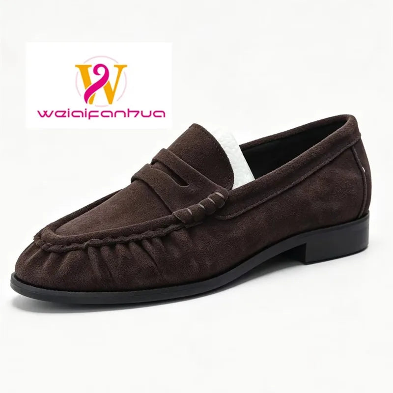 Lady Loafers 2026 Model Handcrafted Retro Pleated Single Shoes for Women, Women's Low-Heeled Leather Suede Shoes Pi-Mart