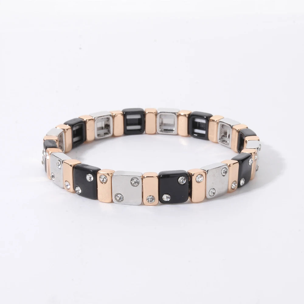 2026 New Black Gold Color Beaded Bangle for Women and Men Handmade Elastic hand Wrist Bracelets Pi-Mart