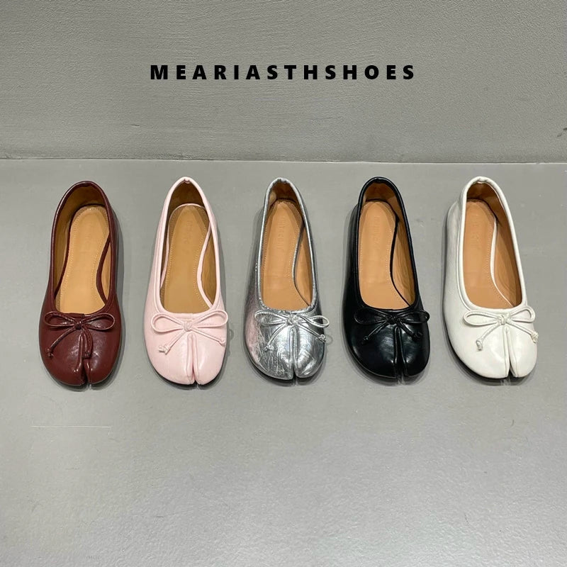 Spring Summer Microfiber Leather Split Toe Women Pumps Fashion bowknot Designer Low Heeled Tabi Soft Soles Loafers Casual Shoes LadyShow.Store