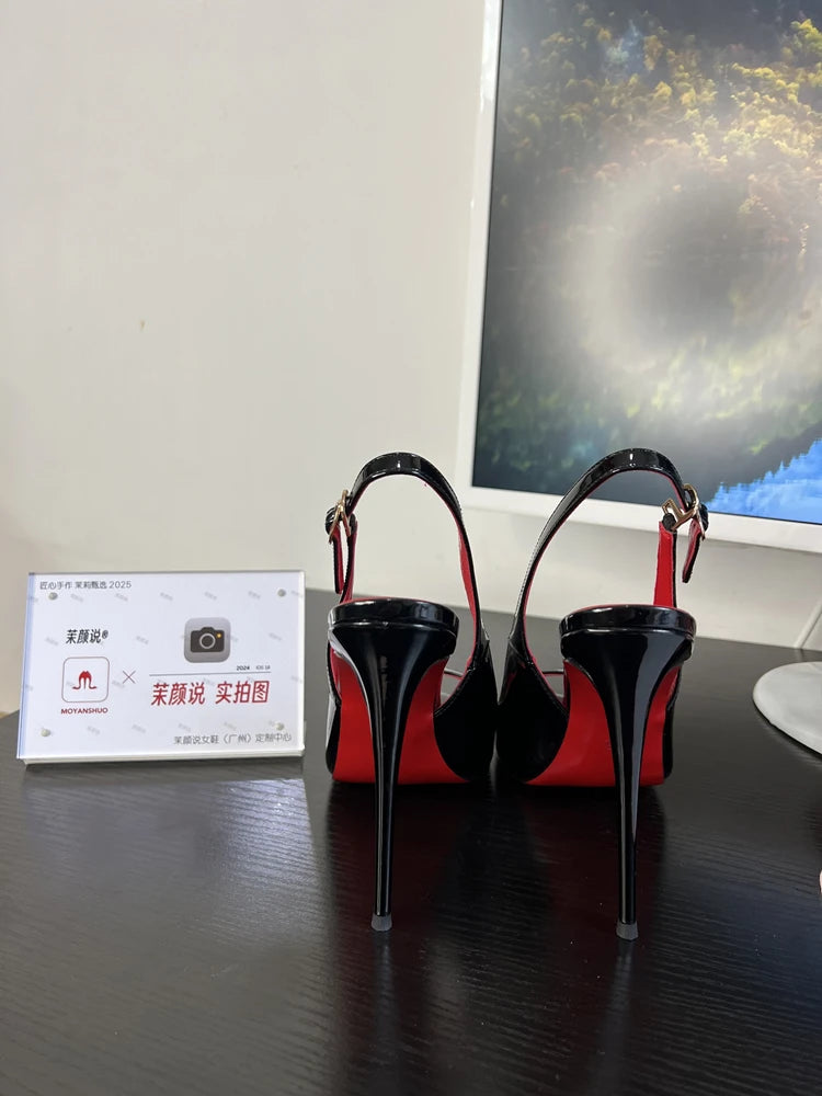 Black Fish Mouth Open toed Ultra High Heels 12cm Rear Tripstrap Thin Heel European and American Sexy Women's Large Sandals Pi-Mart