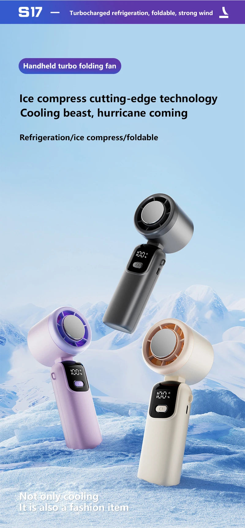 Lenovo Foldable/Hangable USB Desk Fan Ice Cooling Handheld Fan 100 Speeds Turbo Portable for Outdoor Fast Chill Ice Compress New Pi-Mart