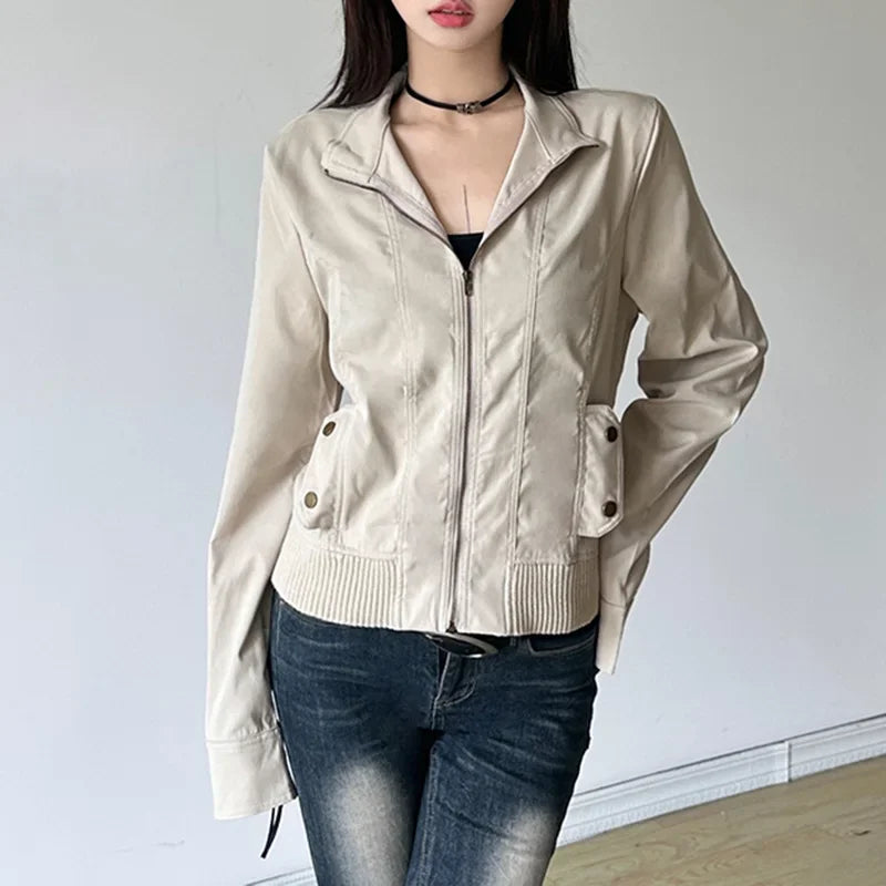 Women Jacket Pocketd Long Sleeve dCasual Zipper Coats Slim Fit Turn Down Collar Solid Outwear Elegant Lady Autumn 2024 LadyShow.Store