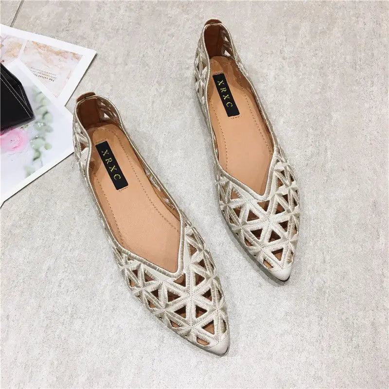 Flat Shoes Women 2026 Summer Pointy Joker Hollow Leisure Commuter Flat Spring Elegant Women's Shoes Breathable Hole Shoes Pi-Mart