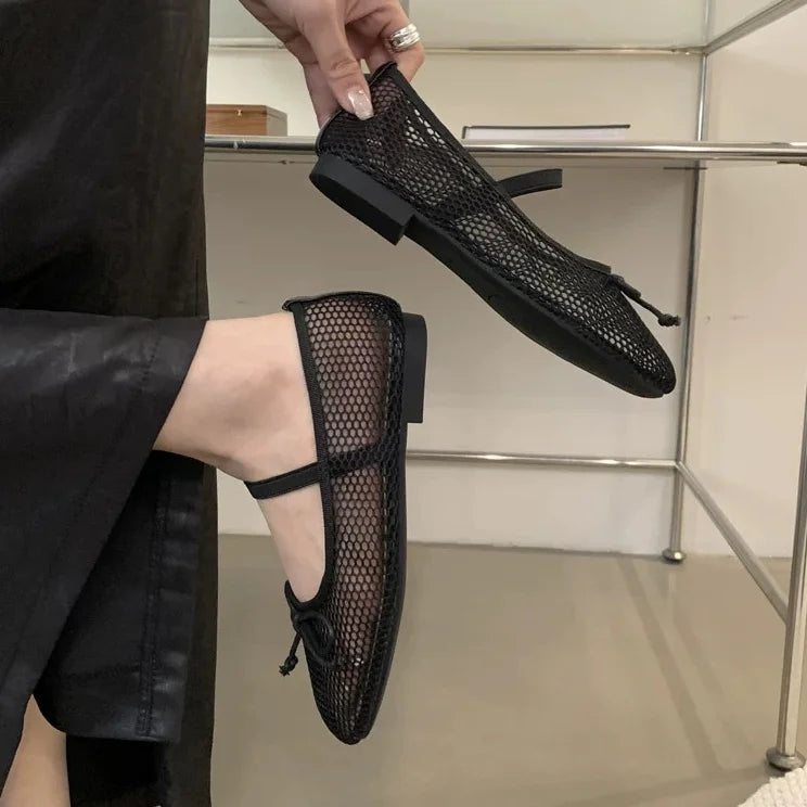 2025 New Luxury Spring/Summer Women Mesh Hollow Elastic Band Flat Bottom Non slip Casual Shoes Flat Bottom Shoes Pi-Mart