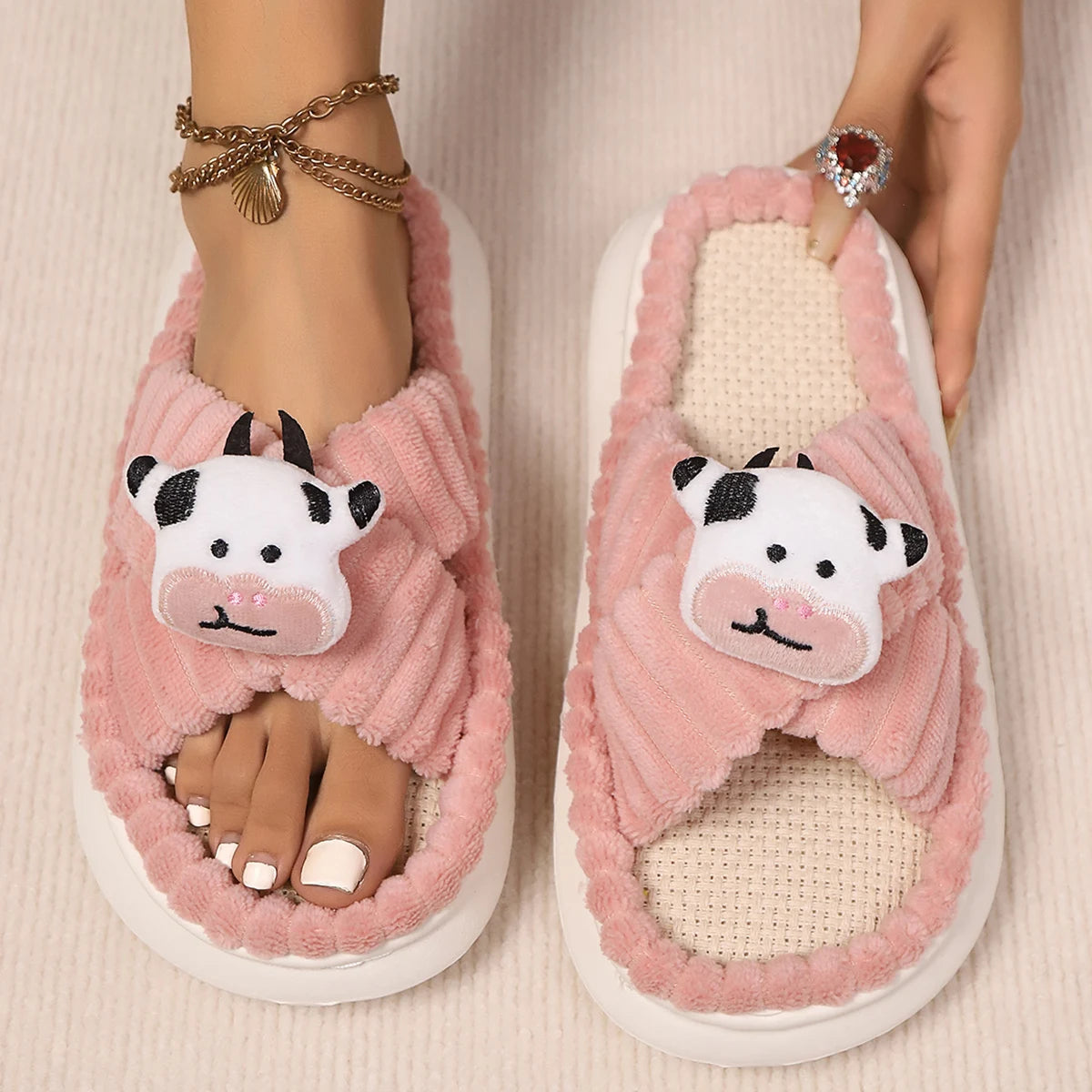 2024 Autumn Winter New Women Home Slippers Open-Toe Cross Band Linen Soled Indoor Slides Linen Soled Non-Slip Bathroom Slippers Pi-Mart