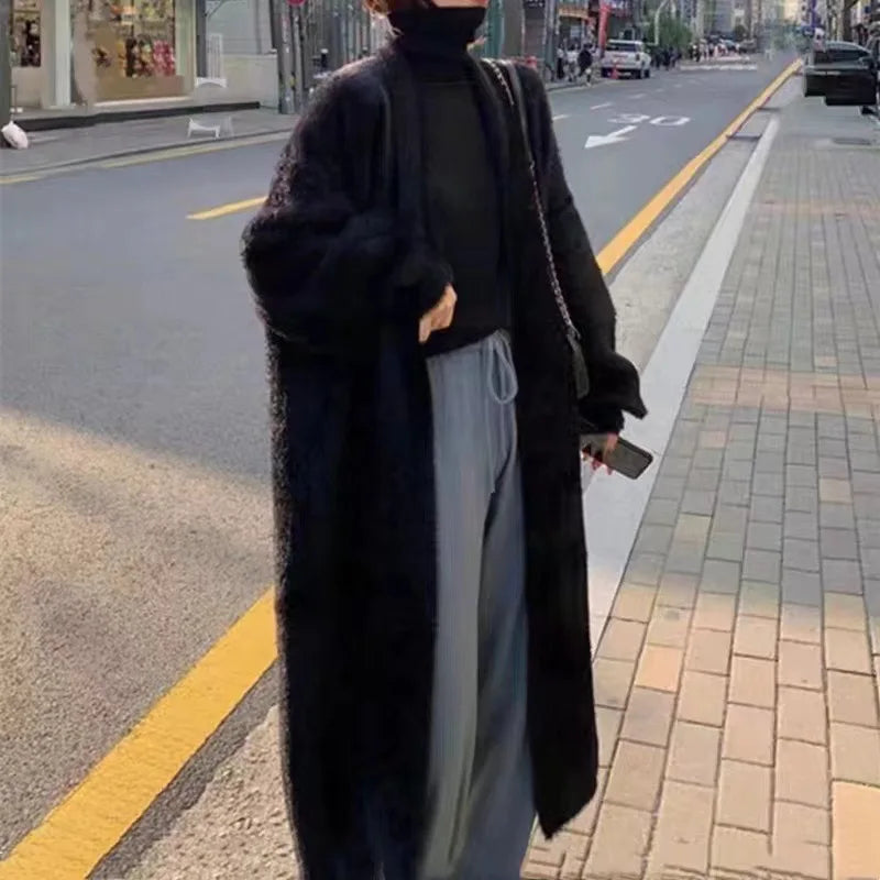Autumn and winter loose and lazy style open knit coat, thick knee length imitation mink fur long sleeved sweater, warm jacket LadyShow.Store
