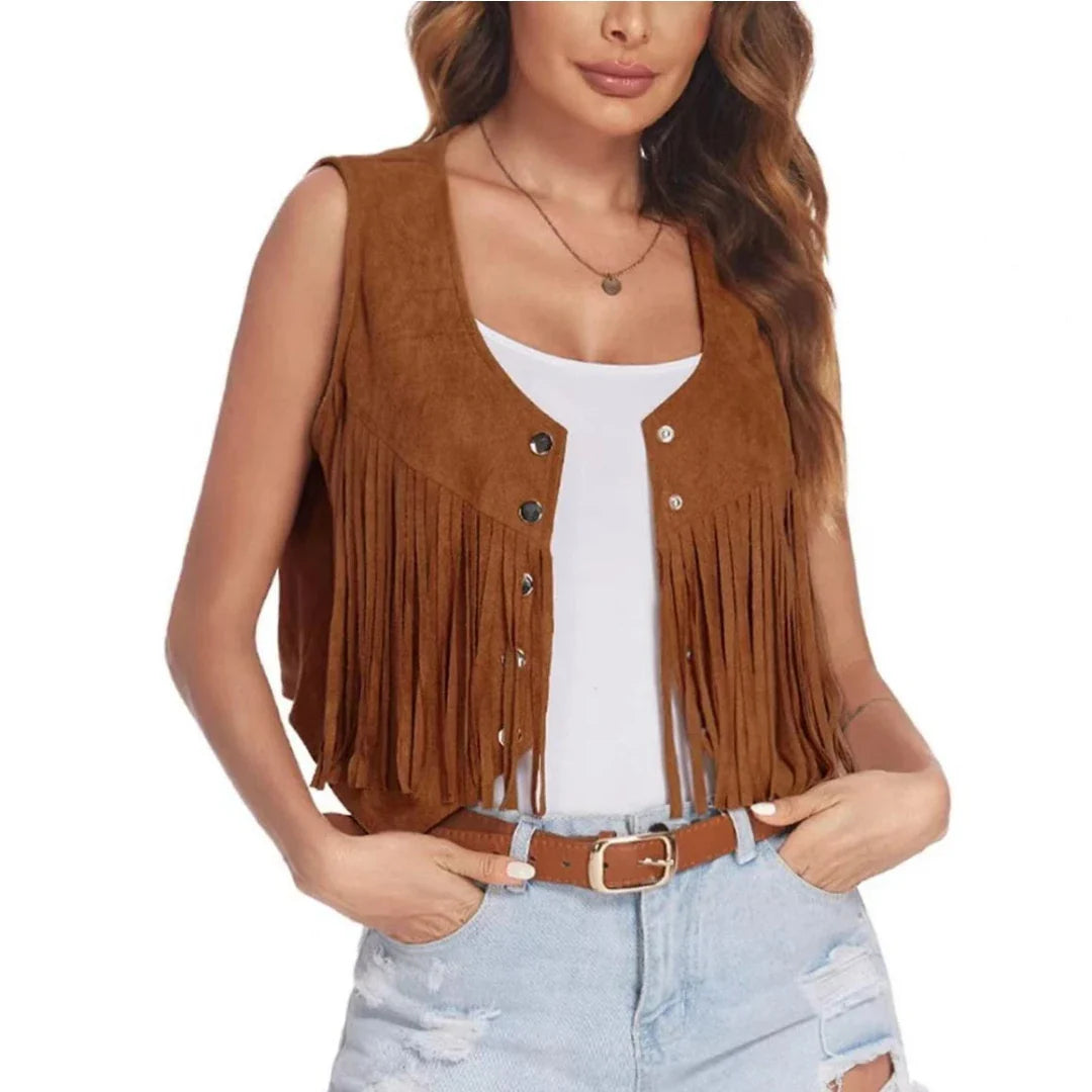 Women Faux Suede Ethnic Sleeveless For Jacket Rivet Fringe Tassels Hippie Open Front Cardigan Vintage Cowgirl Waistcoat Vest LadyShow.Store