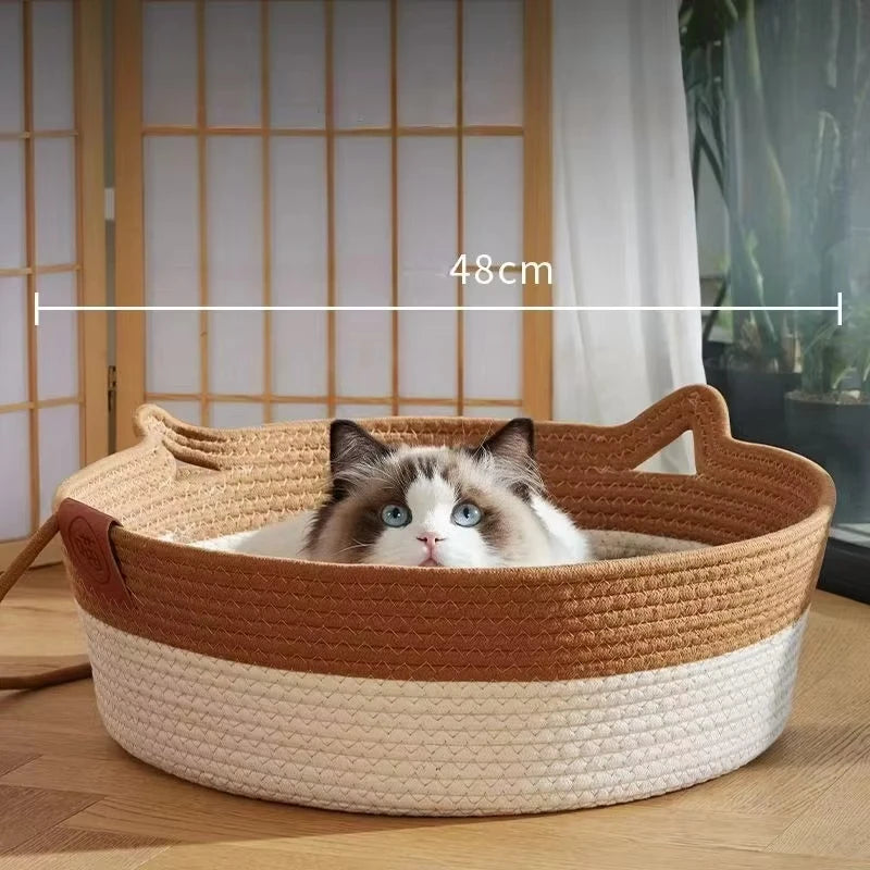 Pet Cat Bed Round Hand Woven Rattan Wear-resistant Cat Bed Summer Cooling Pet Bed Indoor Sleeping House Pet Products Accessories Pi-Mart