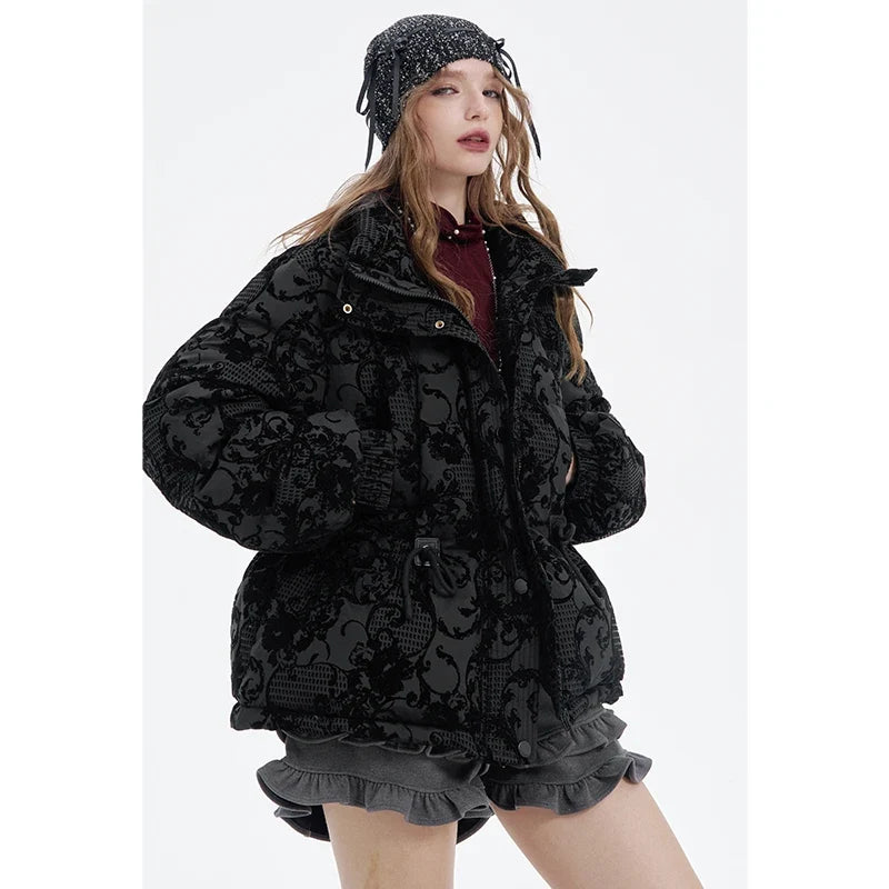 ELFSACK 2025 Puffy Down Coat Women Jacquard Embroidery Waist Gathered Gothic Royal Vintage Y2K Winter Long Puffer Jacket LadyShow.Store