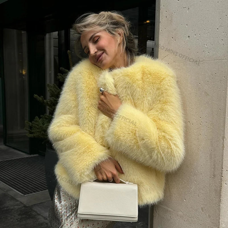 Neo Mint Cool Street Girls Winter Fashion Fluffy Fox Fur Jacket Women Casual Round Neck Faux Fur Coat Chic Thick Warm Outerwear LadyShow.Store