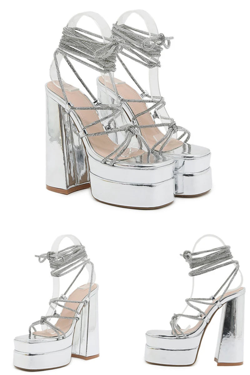 MM2025 New Arrival Rhinestone Embellished Knot T-Strap Heels Roman Peep-toe Summer Sandals Shiny Perfomance Anniversary Footwear Pi-Mart