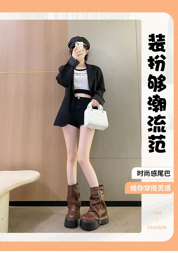 Soft Leather Ankle Mid Calf Boots Winter Autumn High Platform Wedge British Booties Woman New Ladies Chunky Motorcycle Boots 9CM Pi-Mart