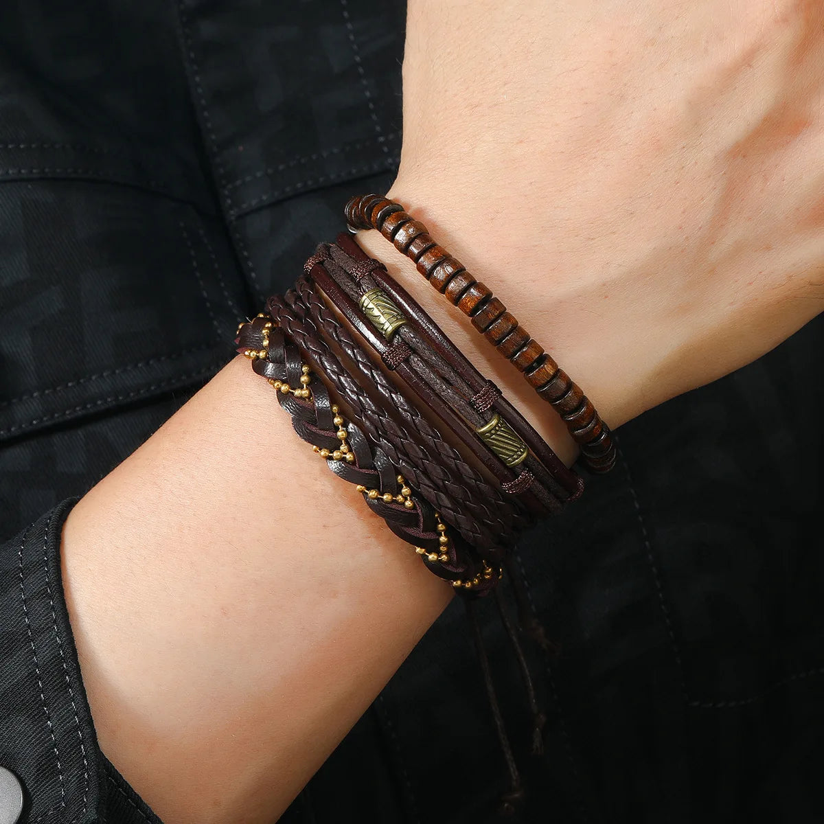 6/4PCS 3Style PU Wodeen Braided Wrap Leather Bracelet for Men Vintage Life Wood Beads Fashion Male Armband Pi-Mart