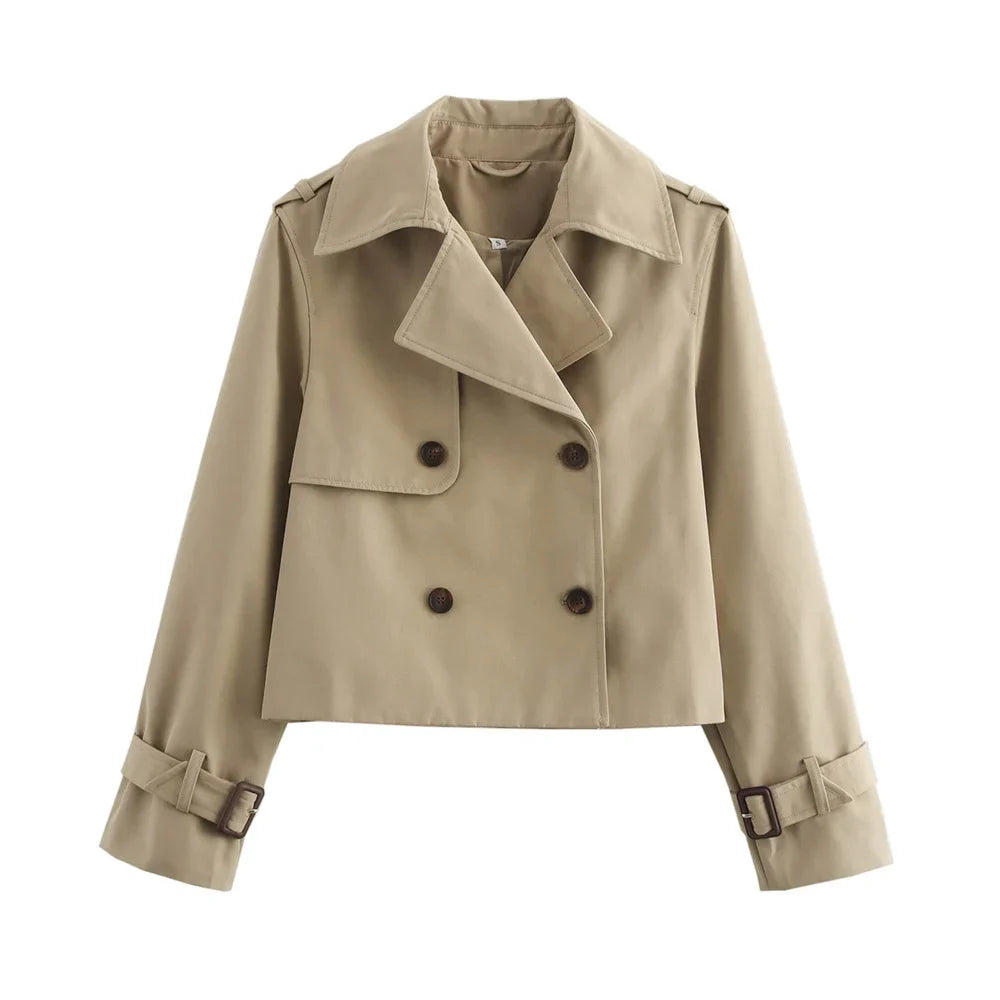 Ladies Vintage Cropped Trench Spring Autumn Jacket Women Streetwear Double Breasted Long Sleeve Top Female Chic Coat Outfits LadyShow.Store