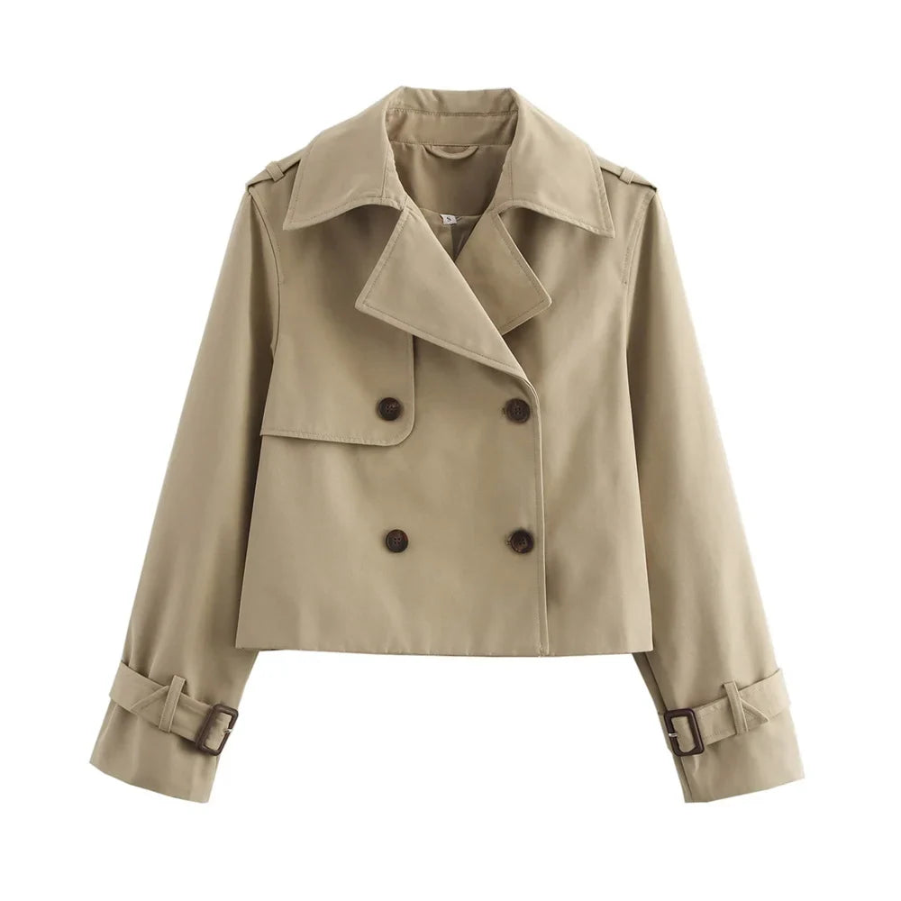 Ladies Vintage Cropped Trench Spring Autumn Jacket Women Streetwear Double Breasted Long Sleeve Top Female Chic Coat Outfits LadyShow.Store