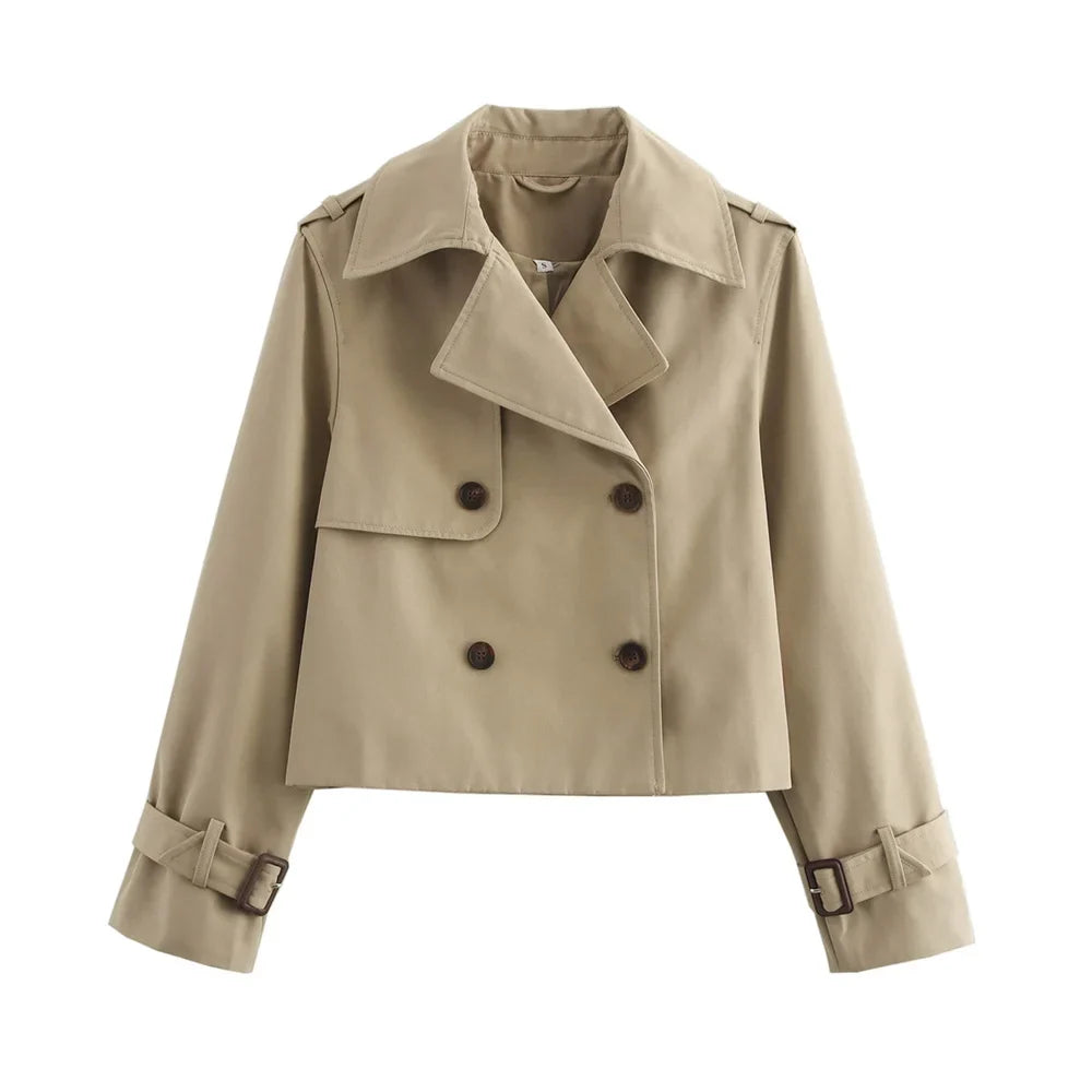 Ladies Vintage Cropped Trench Spring Autumn Jacket Women Streetwear Double Breasted Long Sleeve Top Female Chic Coat Outfits LadyShow.Store
