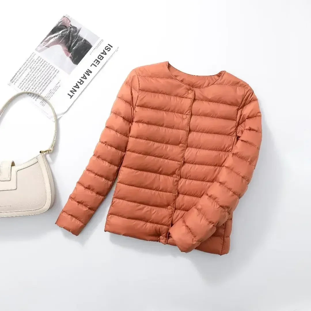 New Female Light Down Coat Women Liner Duck Down Jacket O-neck Variable V-neck 2024 Fall Collarless Light Quilted Puffer Coat LadyShow.Store