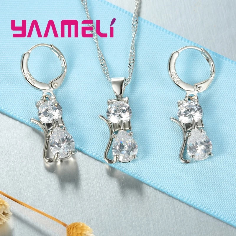 Real 925 Sterling Silver Color Jewelry Sets for Woman Girls Shining Austrian Crystal Cute Cat Pendant Necklace Huggie Earring Pi-Mart