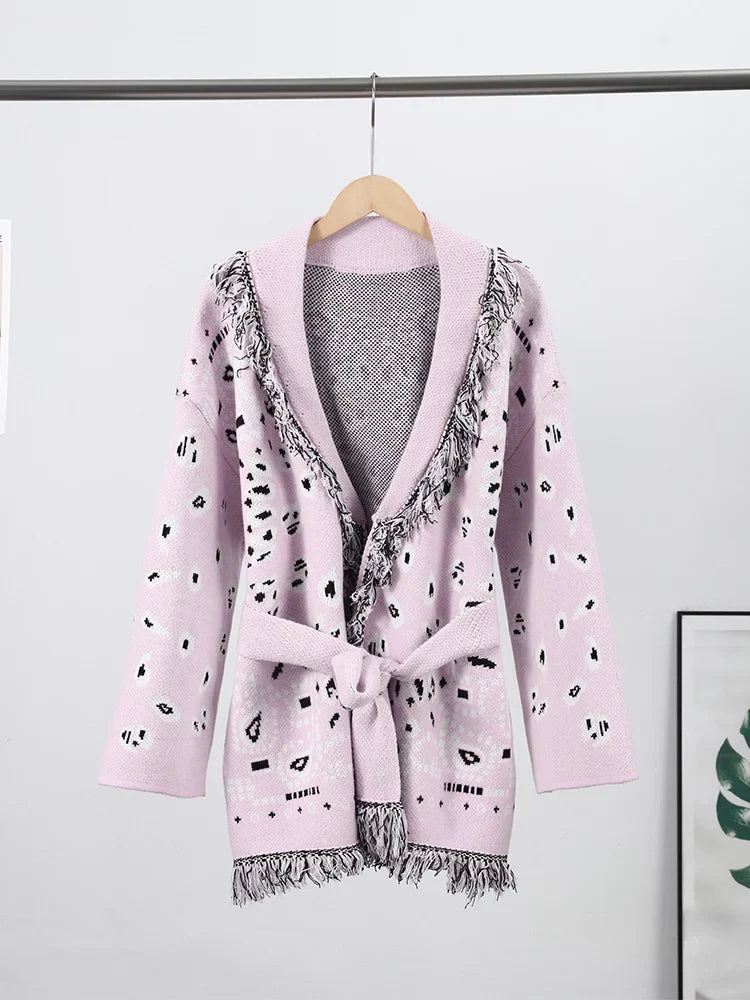 Casual Printed Cardigans Women Tassel Lace Up V-neck Full Sleeve Loose Knit Coat Female 2026 Autumn Fashion Lady Outwears LadyShow.Store