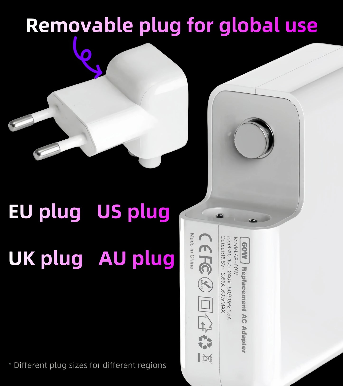 85W T-Type Magnetic Laptop Charger Power Adapter A1398 A1417 A1424 CE FCC RoHS UKCA Certified Pi-Mart