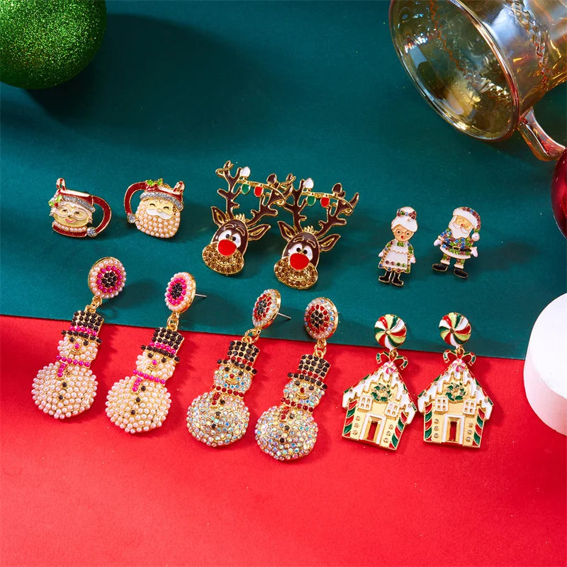 Creative Christmas Grandpa and Grandma Zircon Stud Earrings For Women White Pearl Crystal Snowman Elk Earring New Year Jewelry Pi-Mart
