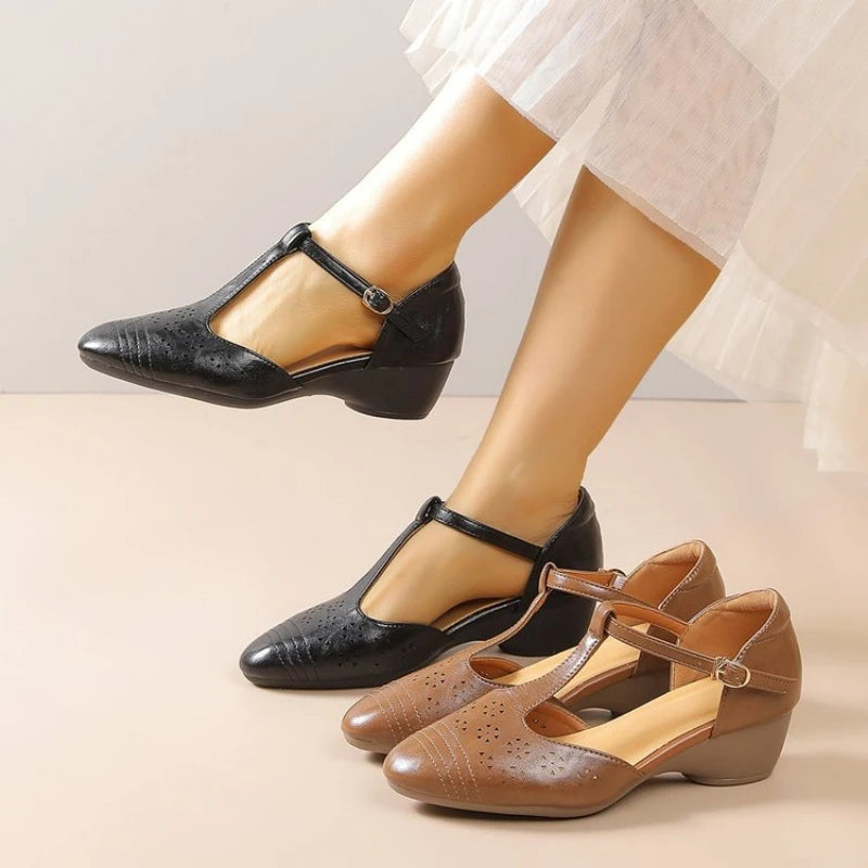Women's Plus Size Retro Cutout Wedge Loafers, Adjustable T-Strap Breathable Pumps for Summer Daily & Commute Pi-Mart