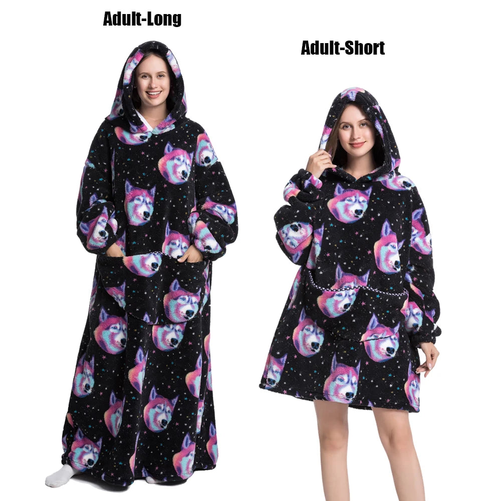 Women Plush Fleece Blanket Men Warm Thick Hoodies Adult Giant TV Blanlets with Sleeves Super Long Cold-proof Homewear Pajamas Pi-Mart