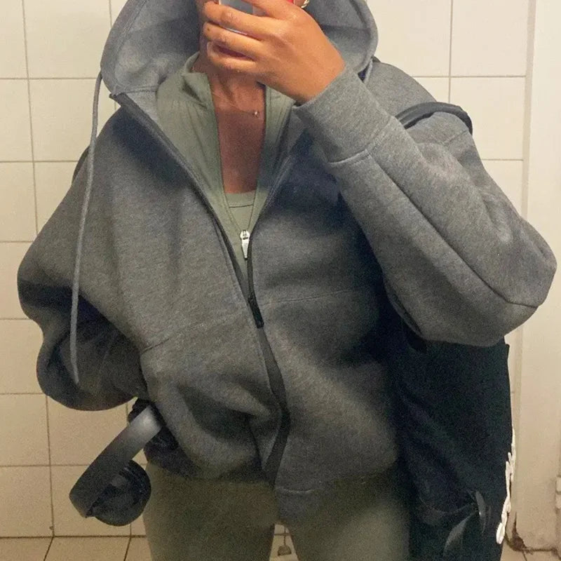 HXAO Hoodie Woman Outerwears Long Sleeve Demi-Season Women Jacket Coat Casual Sweatshirt With Zipper Grey Black Jacket Coats Pi-Mart