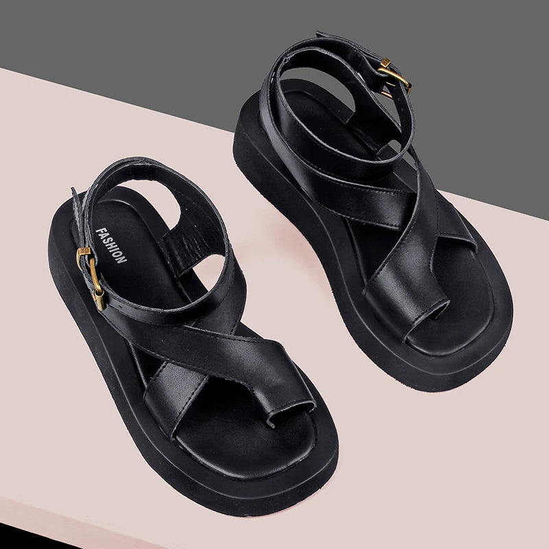 AIYUQI Sandals Women Genuine Leather 2026 Summer New Clip Toe Sandals Ladies Roman Women Shoes Muffin Sandals WHS MTO Pi-Mart