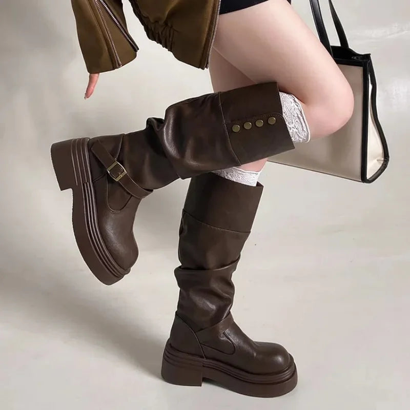 Women's High Knee Boots, Chunky Platform Stacked Rider Boots, Spring/Autumn Two-Way Edgy Fold-Over Cuff Fashion Design LadyShow.Store